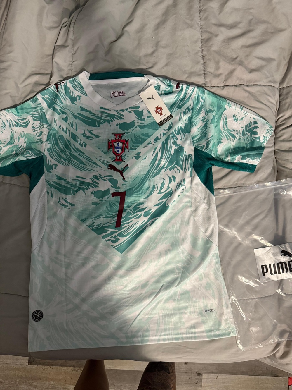 Puma Teal and White Portugal Soccer Jersey with Red Accents
